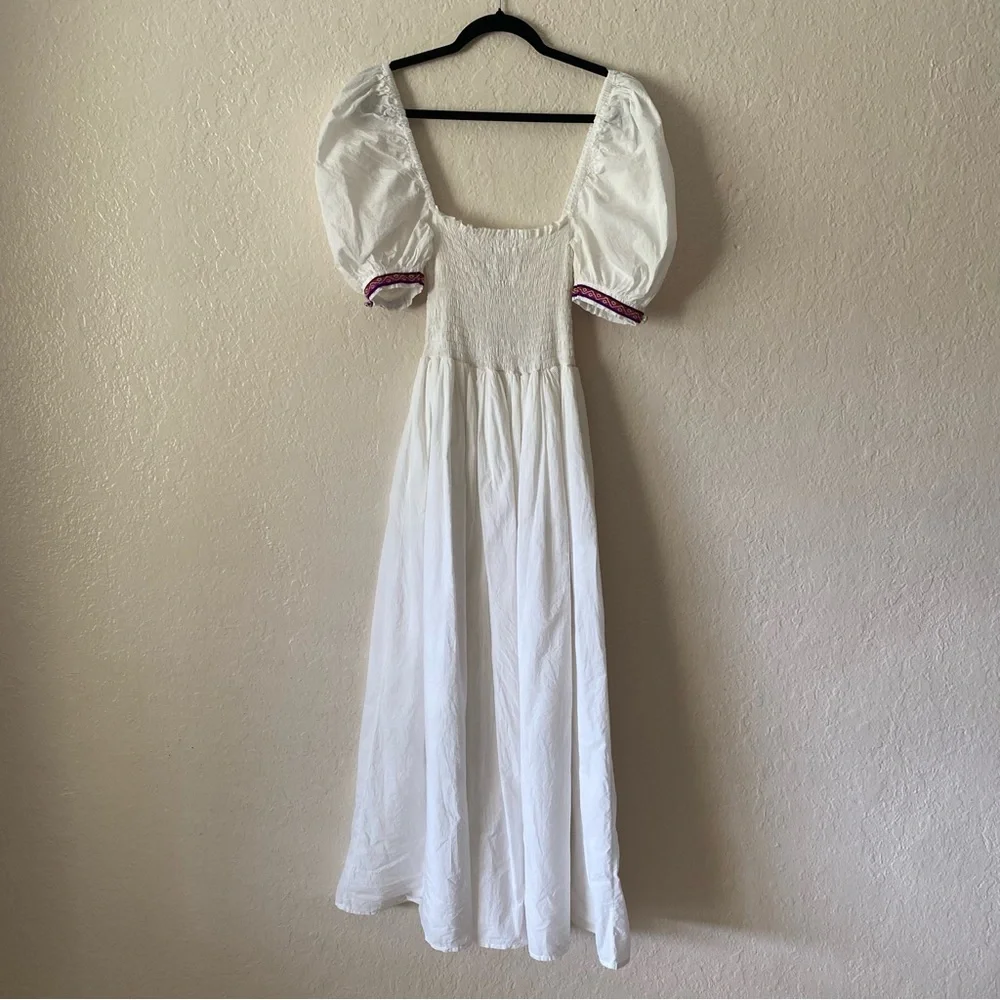 Pitusa Peruvian Cotton Taylor Maxi Dress Size S White Pink Tassels Milk-Maid